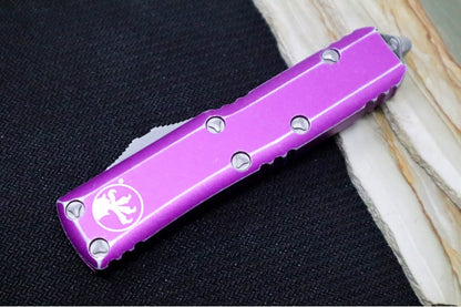 Microtech UTX-85 OTF -Single Edge Blade / Apocalyptic Finish / Distressed Violet Anodized Aluminum Handle - 231-10DVI