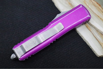 Microtech UTX-85 OTF -Single Edge Blade / Apocalyptic Finish / Distressed Violet Anodized Aluminum Handle - 231-10DVI