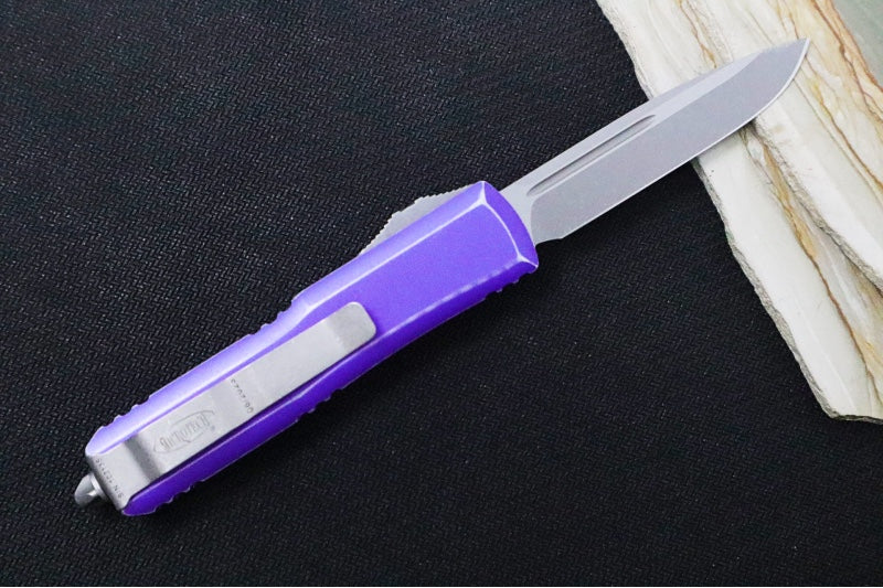Microtech UTX-85 OTF -Single Edge Blade / Apocalyptic Finish / Distressed Purple Anodized Aluminum Handle - 231-10DPU