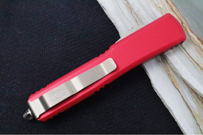 Microtech Ultratech OTF - Bronzed Finish / Single Edge with Partial Serrates / Red Anodized Aluminum Handle 121-14RD