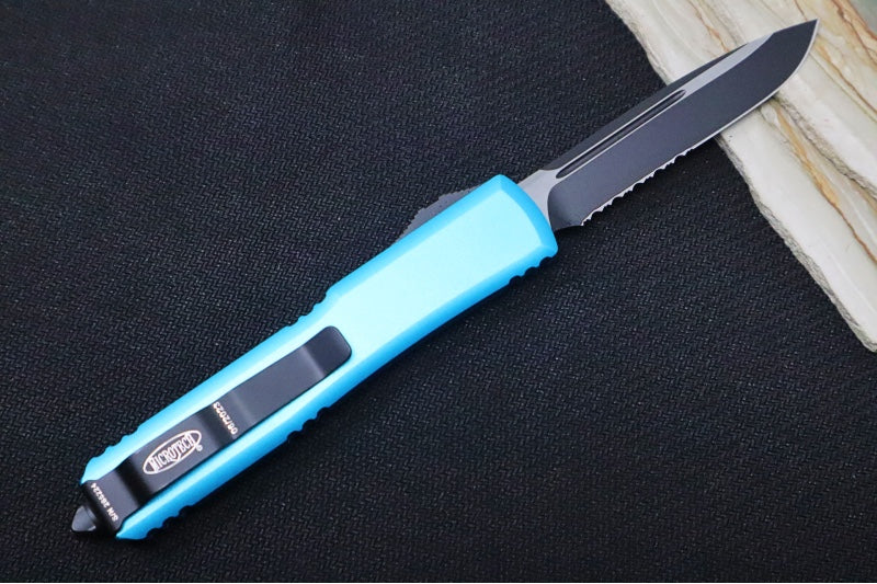Microtech Ultratech OTF - Single Edge with Serrates / Black Blade / Turquoise Anodized Aluminum Handle 121-2TQW