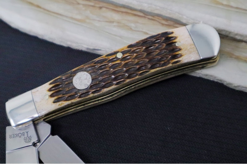 Boker Treebrand Trapper - Amber Jigged Bone Handle / D2 Steel / Satin Finish 110890
