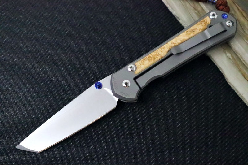 Chris Reeve Large Sebenza 31 Glass Blasted Double Lug LEFT HAND - Tanto Blade / Box Elder Inlay / Blue Hardware & Rust Colored Lanyard with Dot Bead / CPM-Magnacut Steel (A1) L31-1133-131