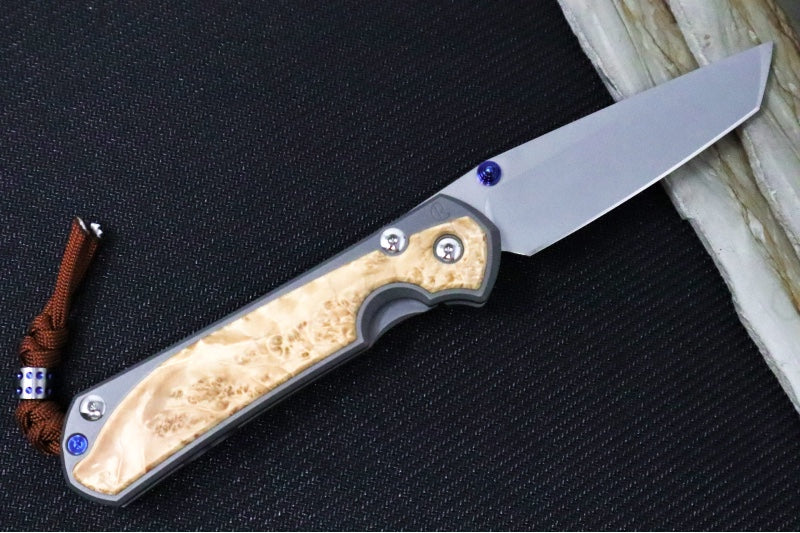 Chris Reeve Large Sebenza 31 Glass Blasted Double Lug LEFT HAND - Tanto Blade / Box Elder Inlay / Blue Hardware & Rust Colored Lanyard with Dot Bead / CPM-Magnacut Steel (A1) L31-1133-131