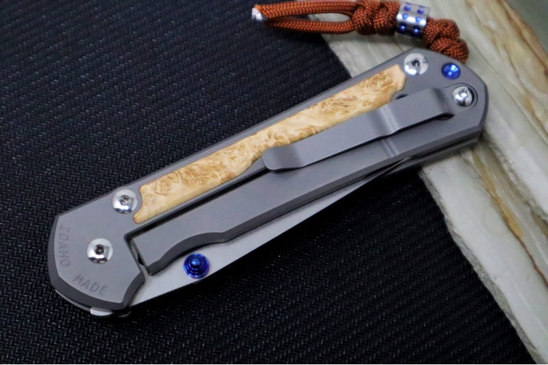 Chris Reeve Large Sebenza 31 Glass Blasted Double Lug LEFT HAND - Tanto Blade / Box Elder Inlay / Blue Hardware & Rust Colored Lanyard with Dot Bead / CPM-Magnacut Steel (A1) L31-1133-131