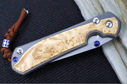 Chris Reeve Large Sebenza 31 Glass Blasted Double Lug LEFT HAND - Tanto Blade / Box Elder Inlay / Blue Hardware & Rust Colored Lanyard with Dot Bead / CPM-Magnacut Steel (A1) L31-1133-131 - Northwest Knives