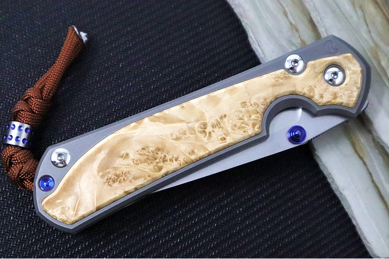 Chris Reeve Large Sebenza 31 Glass Blasted Double Lug LEFT HAND - Tanto Blade / Box Elder Inlay / Blue Hardware & Rust Colored Lanyard with Dot Bead / CPM-Magnacut Steel (A1) L31-1133-131