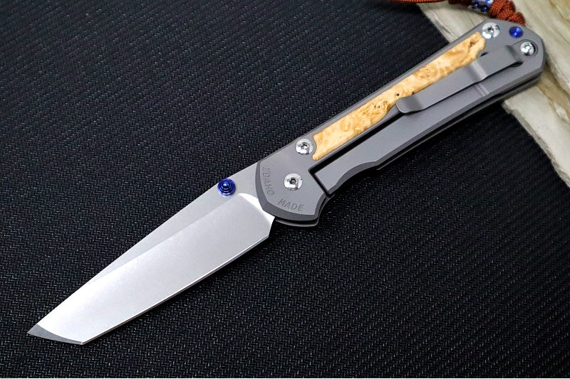 Chris Reeve Large Sebenza 31 Glass Blasted Double Lug LEFT HAND - Tanto Blade / Box Elder Inlay / Blue Hardware & Rust Colored Lanyard with Dot Bead / CPM-Magnacut Steel (A2) L31-1133-131