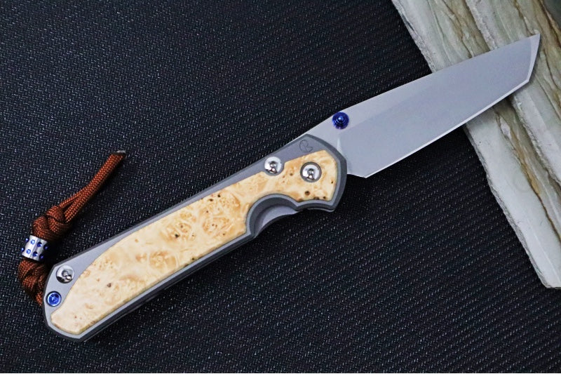 Chris Reeve Large Sebenza 31 Glass Blasted Double Lug LEFT HAND - Tanto Blade / Box Elder Inlay / Blue Hardware & Rust Colored Lanyard with Dot Bead / CPM-Magnacut Steel (A2) L31-1133-131