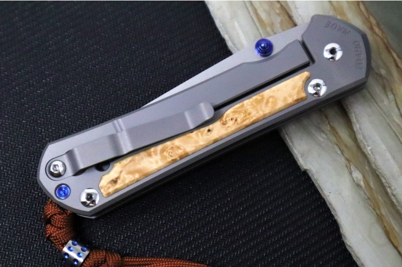 Chris Reeve Large Sebenza 31 Glass Blasted Double Lug LEFT HAND - Tanto Blade / Box Elder Inlay / Blue Hardware & Rust Colored Lanyard with Dot Bead / CPM-Magnacut Steel (A2) L31-1133-131