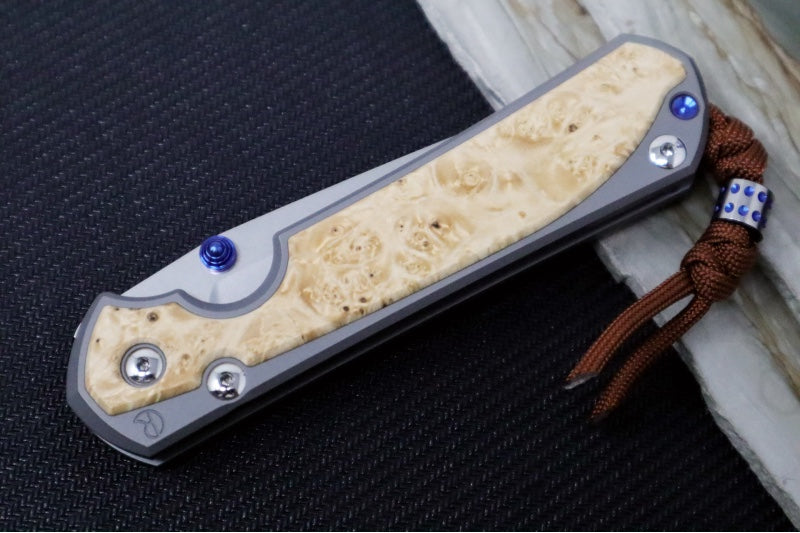 Chris Reeve Large Sebenza 31 Glass Blasted Double Lug LEFT HAND - Tanto Blade / Box Elder Inlay / Blue Hardware & Rust Colored Lanyard with Dot Bead / CPM-Magnacut Steel (A2) L31-1133-131