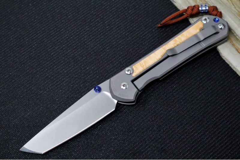 Chris Reeve Large Sebenza 31 Glass Blasted Double Lug LEFT HAND - Tanto Blade / Box Elder Inlay / Blue Hardware & Rust Colored Lanyard with Dot Bead / CPM-Magnacut Steel (A3) L31-1133-131