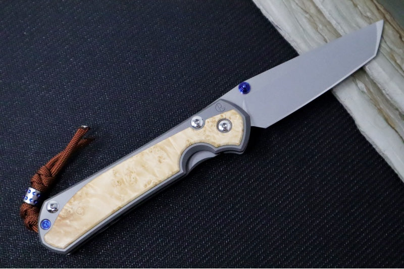 Chris Reeve Large Sebenza 31 Glass Blasted Double Lug LEFT HAND - Tanto Blade / Box Elder Inlay / Blue Hardware & Rust Colored Lanyard with Dot Bead / CPM-Magnacut Steel (A3) L31-1133-131