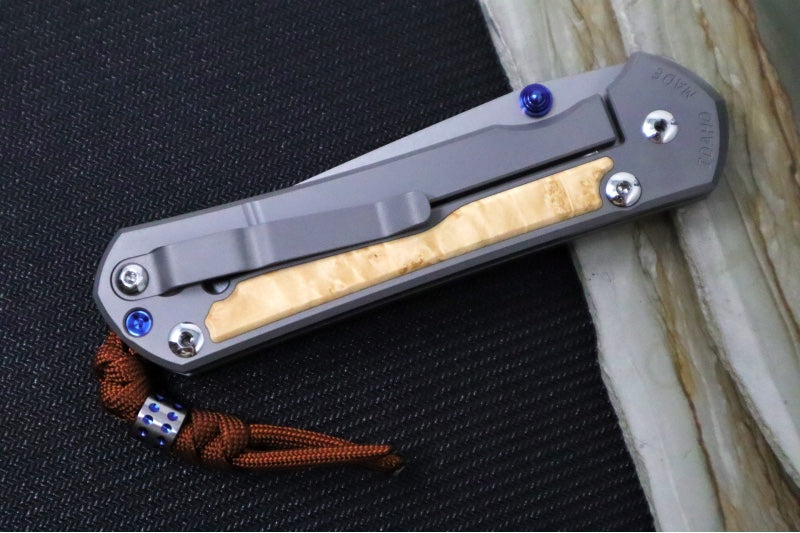 Chris Reeve Large Sebenza 31 Glass Blasted Double Lug LEFT HAND - Tanto Blade / Box Elder Inlay / Blue Hardware & Rust Colored Lanyard with Dot Bead / CPM-Magnacut Steel (A3) L31-1133-131