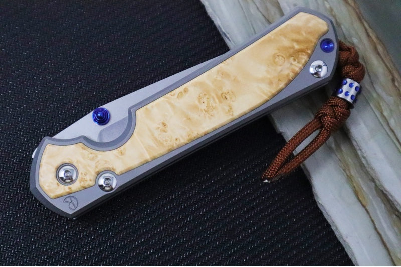Chris Reeve Large Sebenza 31 Glass Blasted Double Lug LEFT HAND - Tanto Blade / Box Elder Inlay / Blue Hardware & Rust Colored Lanyard with Dot Bead / CPM-Magnacut Steel (A3) L31-1133-131 - Northwest Knives