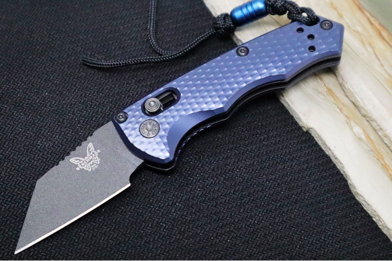 Benchmade 2950BK Partial Immunity Auto - Cobalt Black Cerakote Finish  / CPM-M4 Steel / Wharncliffe Blade / Crater Blue Anodized Aluminum Handle - Northwest Knives