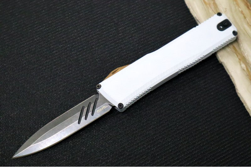 Axial Knives SHIFT V_3 OTF - Hidden White Anodized Aluminum Handle with Black & Bronzed Hardware / Blackwash Dagger Blade / CPM-Magnacut Steel