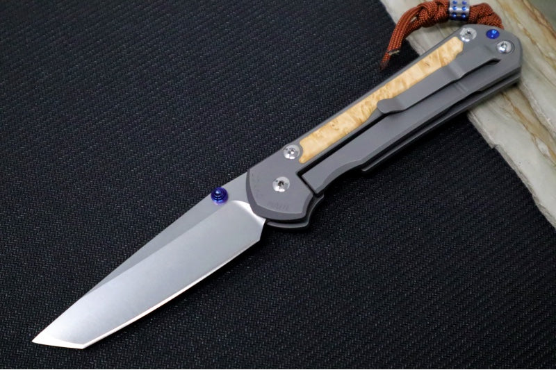 Chris Reeve Large Sebenza 31 Glass Blasted Double Lug LEFT HAND - Tanto Blade / Box Elder Inlay / Blue Hardware & Rust Colored Lanyard with Dot Bead / CPM-Magnacut Steel (A4) L31-1133-131
