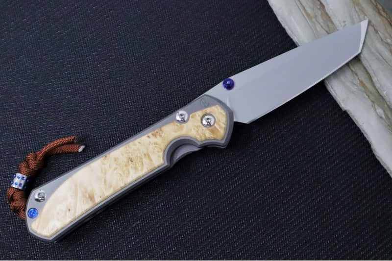 Chris Reeve Large Sebenza 31 Glass Blasted Double Lug LEFT HAND - Tanto Blade / Box Elder Inlay / Blue Hardware & Rust Colored Lanyard with Dot Bead / CPM-Magnacut Steel (A4) L31-1133-131