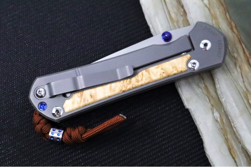 Chris Reeve Large Sebenza 31 Glass Blasted Double Lug LEFT HAND - Tanto Blade / Box Elder Inlay / Blue Hardware & Rust Colored Lanyard with Dot Bead / CPM-Magnacut Steel (A4) L31-1133-131