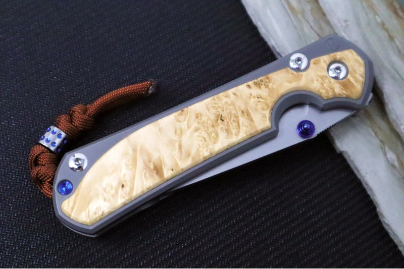 Chris Reeve Large Sebenza 31 Glass Blasted Double Lug LEFT HAND - Tanto Blade / Box Elder Inlay / Blue Hardware & Rust Colored Lanyard with Dot Bead / CPM-Magnacut Steel (A4) L31-1133-131