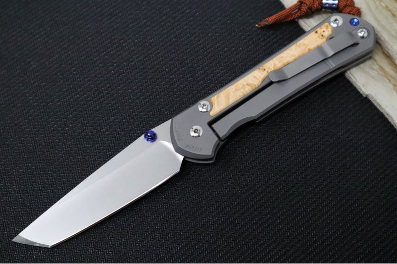 Chris Reeve Large Sebenza 31 Glass Blasted Double Lug LEFT HAND - Tanto Blade / Box Elder Inlay / Blue Hardware & Rust Colored Lanyard with Dot Bead / CPM-Magnacut Steel (A5) L31-1133-131