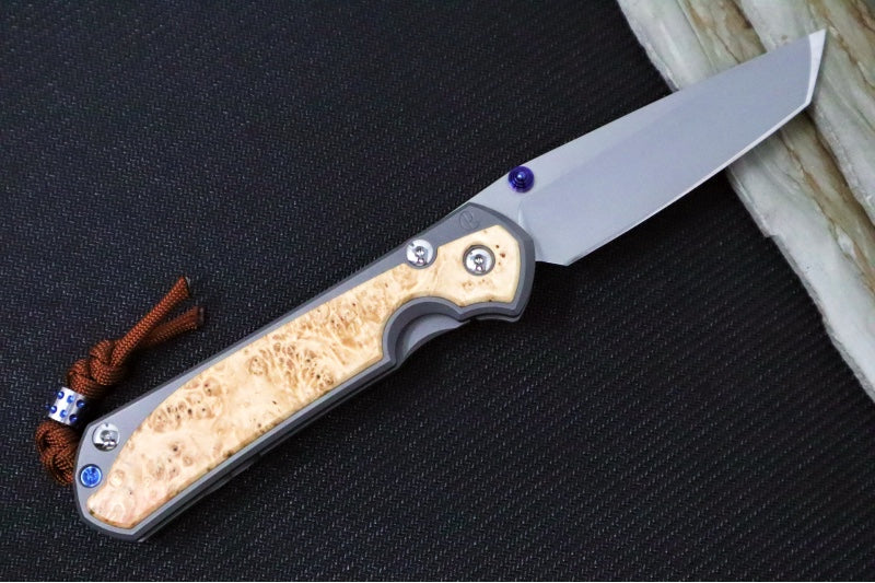 Chris Reeve Large Sebenza 31 Glass Blasted Double Lug LEFT HAND - Tanto Blade / Box Elder Inlay / Blue Hardware & Rust Colored Lanyard with Dot Bead / CPM-Magnacut Steel (A5) L31-1133-131 - Northwest Knives