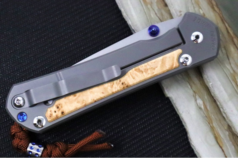 Chris Reeve Large Sebenza 31 Glass Blasted Double Lug LEFT HAND - Tanto Blade / Box Elder Inlay / Blue Hardware & Rust Colored Lanyard with Dot Bead / CPM-Magnacut Steel (A5) L31-1133-131