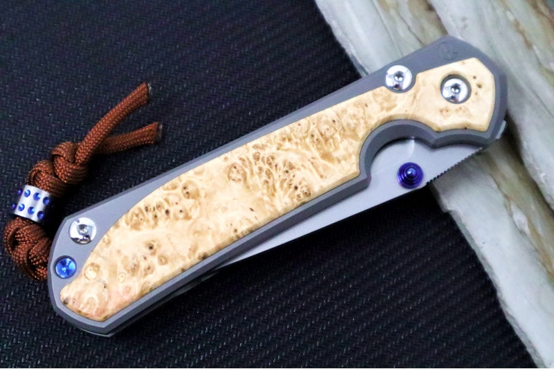 Chris Reeve Large Sebenza 31 Glass Blasted Double Lug LEFT HAND - Tanto Blade / Box Elder Inlay / Blue Hardware & Rust Colored Lanyard with Dot Bead / CPM-Magnacut Steel (A5) L31-1133-131