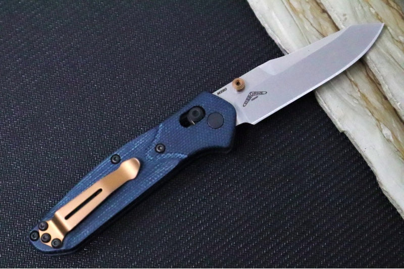 Benchmade 945-04 Mini Osborne - Stonewashed Finish / Reverse Tanto Blade / M390 Steel / Denim MIcarta Handles & Bronzed Hardware