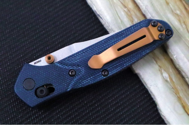 Benchmade 945-04 Mini Osborne - Stonewashed Finish / Reverse Tanto Blade / M390 Steel / Denim MIcarta Handles & Bronzed Hardware