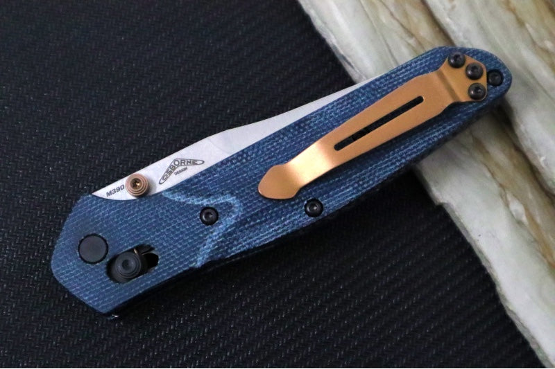 Benchmade 940-04 Osborne - M390 Steel / Reverse Tanto Blade / Stonewash Finish / Denim MIcarta Handle & Bronzed Accents