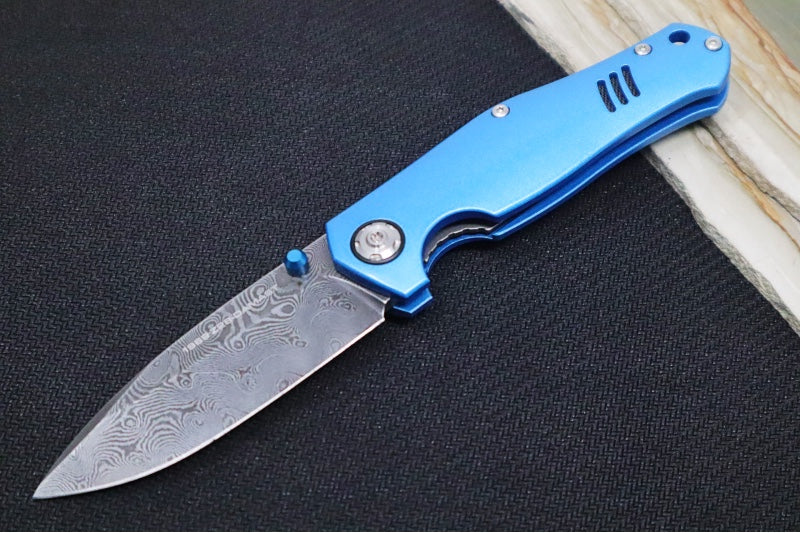 Boker 1969 Z28 Damascus - Blue Anodized Handle Scales / Drop Point Blade / Chad Nichols Tread Pattern Damascus 111101DAM