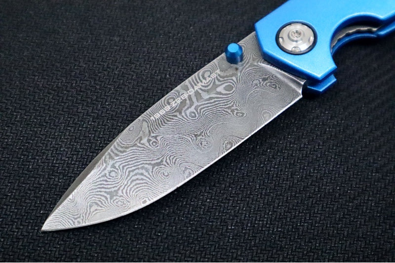 Boker 1969 Z28 Damascus - Blue Anodized Handle Scales / Drop Point Blade / Chad Nichols Tread Pattern Damascus 111101DAM