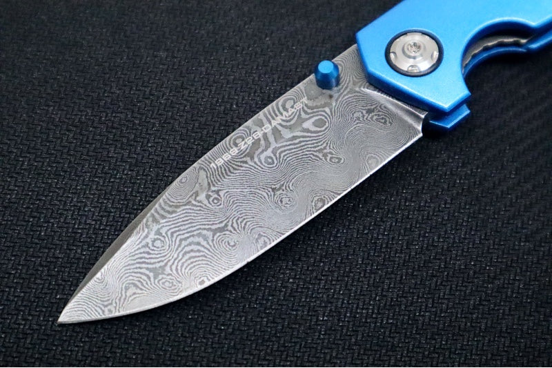Boker 1969 Z28 Damascus - Blue Anodized Handle Scales / Drop Point Blade / Chad Nichols Tread Pattern Damascus 111101DAM - Northwest Knives