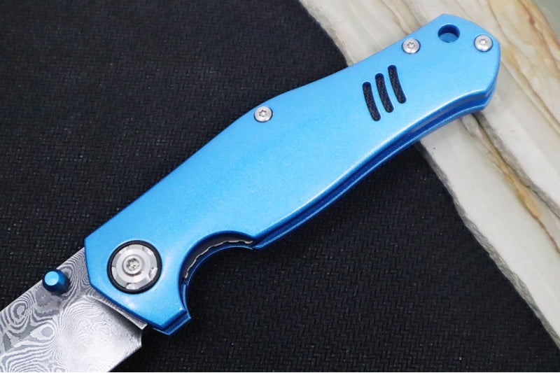 Boker 1969 Z28 Damascus - Blue Anodized Handle Scales / Drop Point Blade / Chad Nichols Tread Pattern Damascus 111101DAM - Northwest Knives