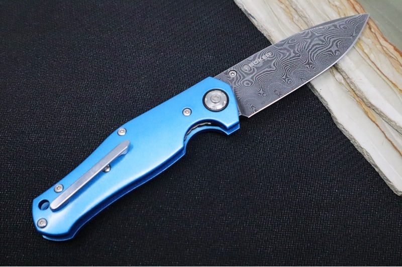 Boker 1969 Z28 Damascus - Blue Anodized Handle Scales / Drop Point Blade / Chad Nichols Tread Pattern Damascus 111101DAM