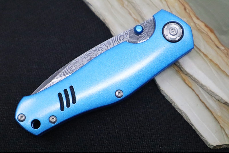 Boker 1969 Z28 Damascus - Blue Anodized Handle Scales / Drop Point Blade / Chad Nichols Tread Pattern Damascus 111101DAM - Northwest Knives