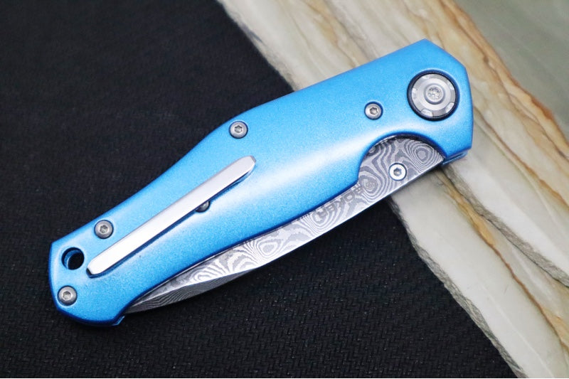 Boker 1969 Z28 Damascus - Blue Anodized Handle Scales / Drop Point Blade / Chad Nichols Tread Pattern Damascus 111101DAM - Northwest Knives
