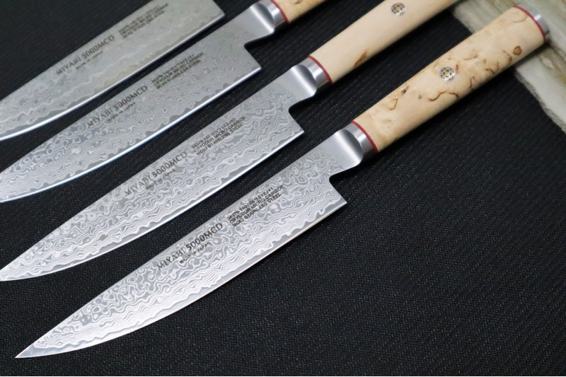 Miyabi Birchwood - 4pc Steak Knife Set - 100 Layered Flower Damascus - SG2 Powdered Steel - Japanese Masur Birch Handle - Made in Seki City, Japan
