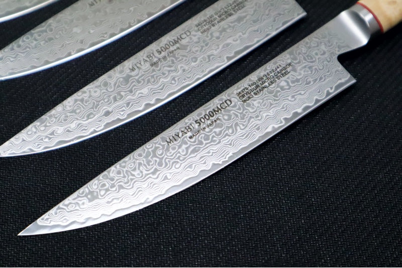 Miyabi Birchwood - 4pc Steak Knife Set - 100 Layered Flower Damascus - SG2 Powdered Steel - Japanese Masur Birch Handle - Made in Seki City, Japan