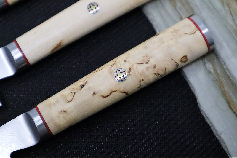 Miyabi Birchwood - 4pc Steak Knife Set - 100 Layered Flower Damascus - SG2 Powdered Steel - Japanese Masur Birch Handle - Made in Seki City, Japan