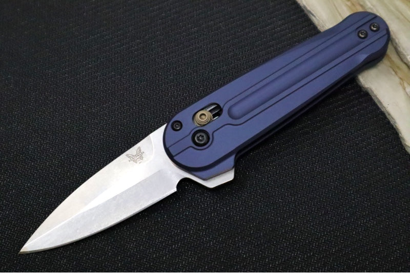 Benchmade 491 Lowden Flipper - M390 Steel / Spearpoint Blade / Crater Blue Anodized Aluminum Handle with Bronzed Accents