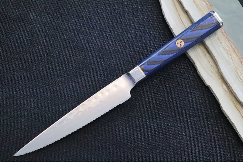 Cangshan Cutlery Kita Series 5" Serrated Utility - 67 Layered Forged X-7 Damascus - Magnetic Wood Saya Sheath - Northwest Knives