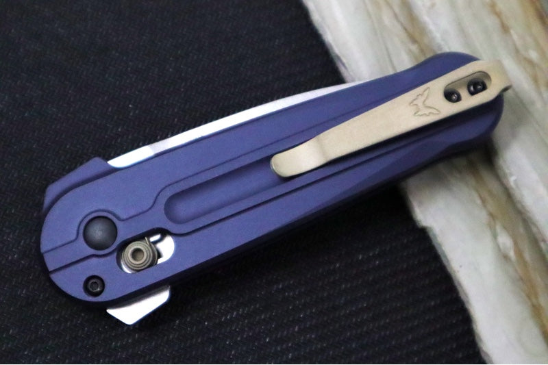 Benchmade 491 Lowden Flipper - M390 Steel / Spearpoint Blade / Crater Blue Anodized Aluminum Handle with Bronzed Accents