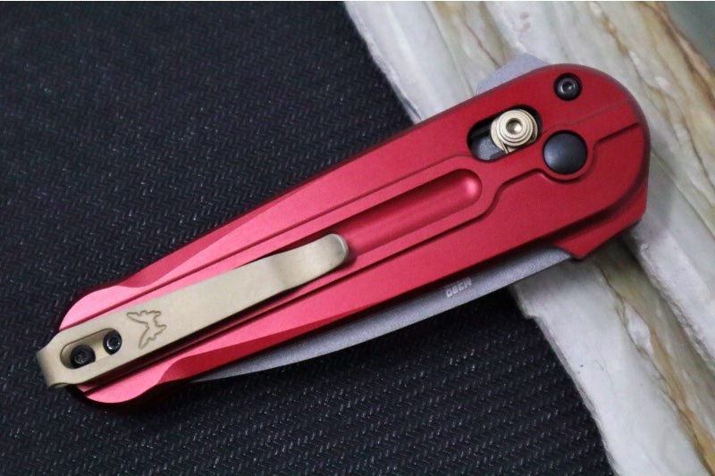 Benchmade 491GY-01 Lowden Flipper - M390 Steel / Spearpoint Blade / Phoenix Red Anodized Aluminum Handle with Bronzed Accents - Northwest Knives