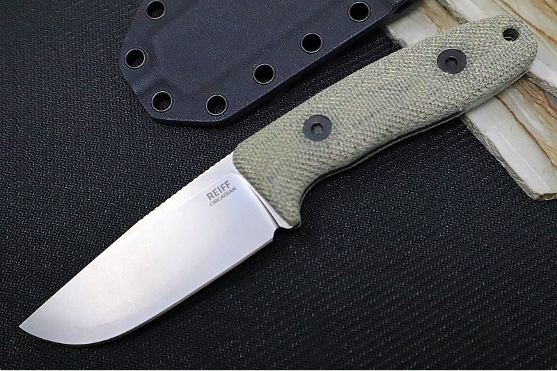 Reiff Knives Circadian Fixed Blade - Green Canvas Micarta Handle / CPM-Magnacut Blade / Stonewashed Clip Point / Black Kydex Sheath - Northwest Knives