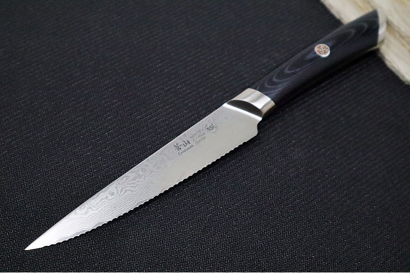 Cangshan Cutlery KURO Series 5" Serrated Utility Knife - Forged X-7 Damascus - Ashwood Magnetic Sheath 504289 - Northwest Knives
