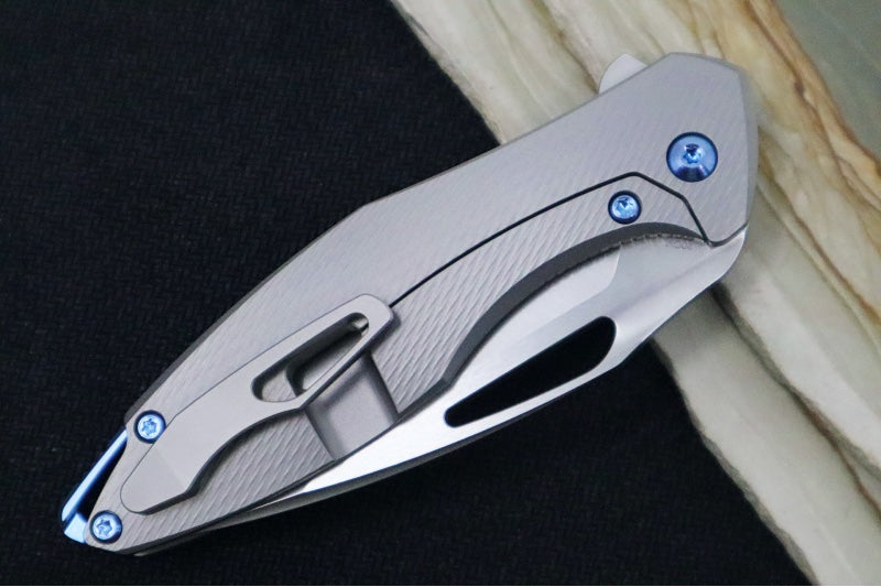 Koenig Mini Arius - Standard with Corda Patterned Handle - Stonewashed Blade with Polished Flats - Blue Spacer & Hardware (Gen 1) - Northwest Knives