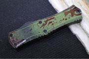 Microtech Mini Hera II Outbreak OTF - Dagger Blade / Dark Apolcoplyptic Finish / Outbreak Green Anodized Aluminum Handle with Blood Splatter / Deep Engraved Biohazard Symbol 1702M-1OBDS - Northwest Knives